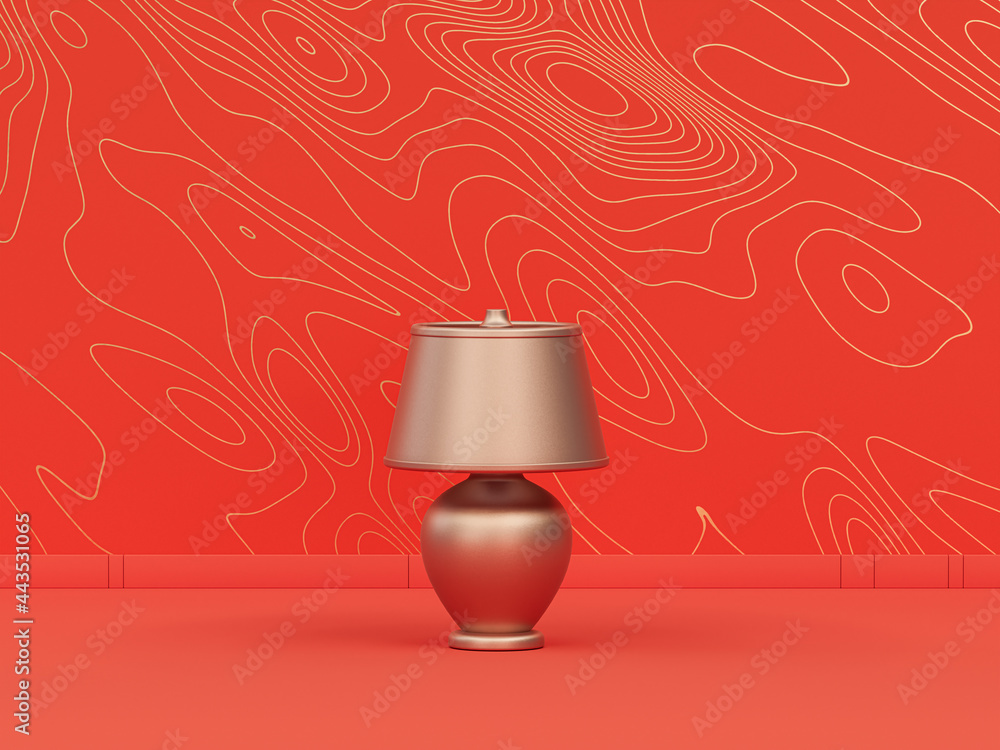 Poster monochrome single metallic gold color table lamp in orange background interior room with wave patter