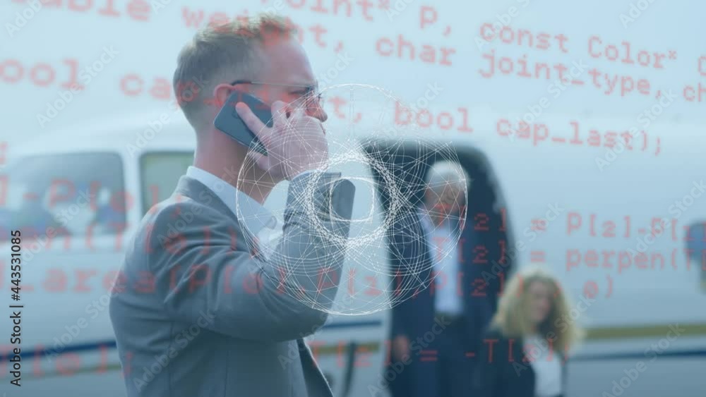 Poster animation of globe and data processing over businessman using smartphone by airplane