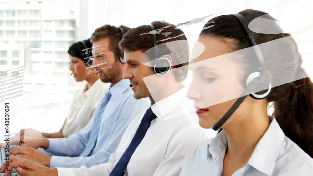 Poster animation of data processing over businesswoman using smartphone
