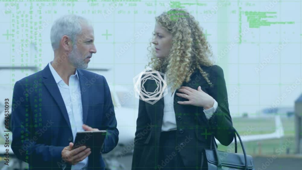 Poster animation of data processing over business people using tablet by airplane