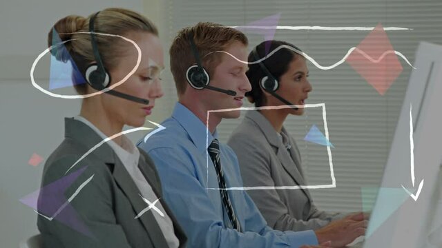 Animation of glowing drawings over business people using phone headsets