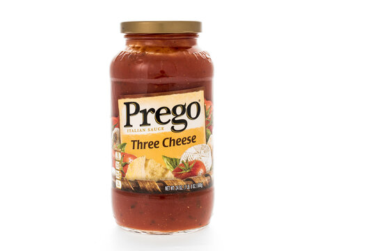 Winneconne, WI - 7 February 2015:  Jar of Prego Three Cheese flavored pasta sauce.