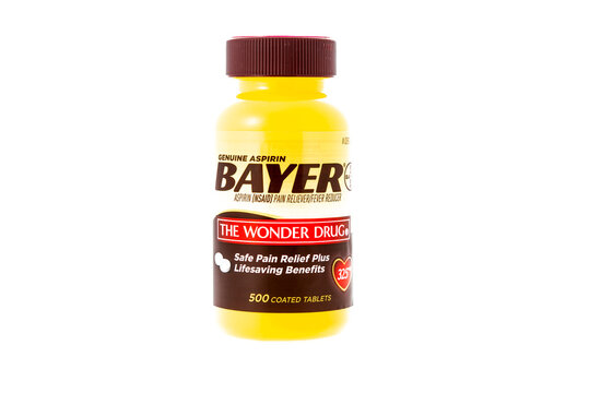 Winneconne, WI - 9 February 2015: Bottle of Bayer aspirin "The Wonder Drug".  Asperin helps with the relief of pain.