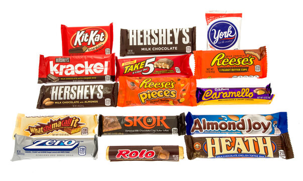 Winneconne, WI -27 Oct 2015: Most Popular Candy Bars Made By The Hershey Company.