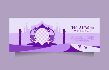 Creative Eid al adha social media post and banner greeting with modern clean blue color. Horizontal Vector illustration islamic background with beautiful mosque design