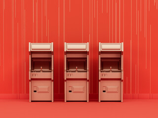 Monochrome single color red arcade stand up two player cabinets, vintage retro arcade game machines, cabinet in red studio,3d rendering