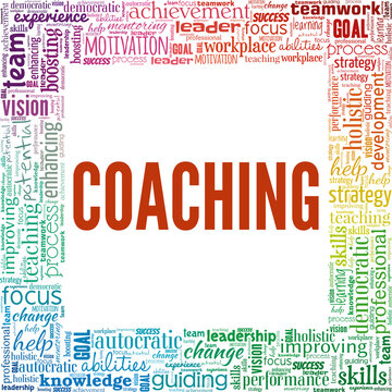 Coaching vector illustration word cloud isolated on a white background.