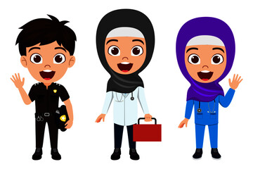 Happy kid doctors nurse police emergency team character standing and posing