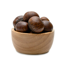 peeled roasted chestnut in wooden bowl isolated on white background