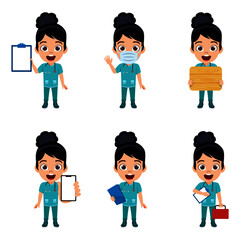 Happy cute kid girl character nurse doing different actions holding placard clipboard mobile