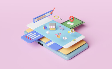 mobile phone or smartphone with store front,delivery drone, megaphone,shopping cart searching isolated on pink background ,franchise business or online shopping concept,3d illustration or 3d render