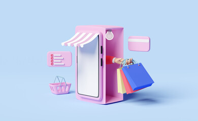 mobile phone or smartphone with store front,hand holding colorful shopping paper bags,shopping basket ,scredit card on blue,franchise business or online shopping concept,3d illustration or 3d render