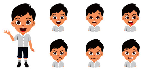 Happy cute kid boy character set with different facial expressions