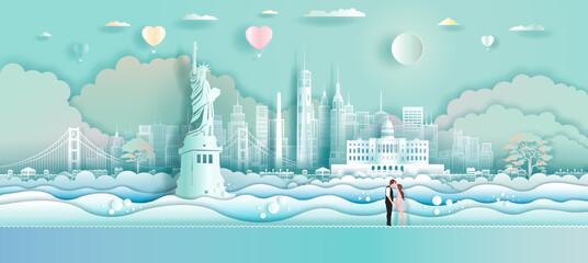 Travel America landmarks with love balloons and couple in paper art.