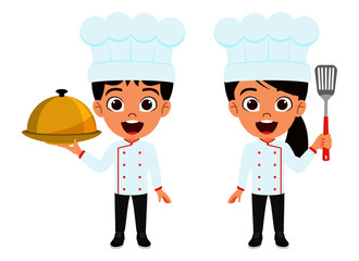 Happy cute kid boy and girl character chef standing and holding food isolated