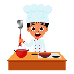 Happy cute kid boy character chef standing and holding spoon and cooking with cheerful expressions