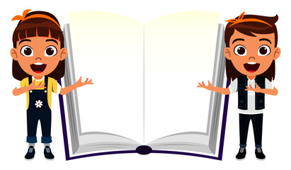 Happy cute kid girl characters with blank book placard and pointing to it
