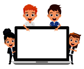 Happy cute kid boy and girl characters with blank laptop screen and pointing to