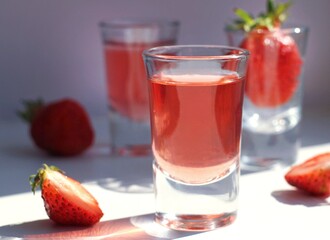 strawberry compote with ice in glass glasses with strawberries and ice cubes