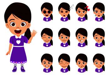 Cute beautiful kid girl character wearing beautiful outfit with different facial expressions and emotions and waving