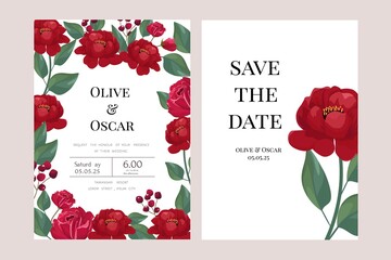 Minimalist wedding card collection with red flower illustration