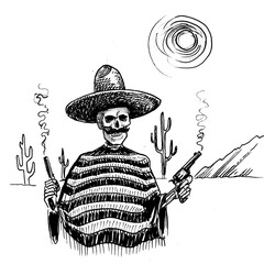 Dead Mexican bandit with a smoking guns. Ink black and white drawing - obrazy, fototapety, plakaty