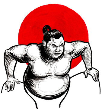 Ink and watercolor drawing of a Japanese sumo wrestler