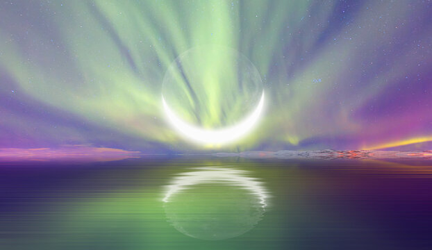 Northern lights (Aurora borealis) in the sky with crescent moon - "Elements of this image furnished by NASA"