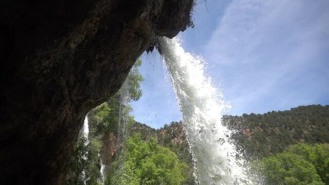 Rifle Falls, Colorado USA, View From Cave Under Waterfall, Tilt Down Slow Motion