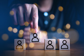 Businessman hand holding touching employment choice concept which print screen on wooden cube block, Business service rating , Satisfaction concept.Selection & Choosing emotion or mood concept.