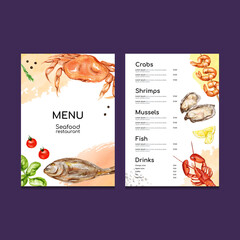 Seafood menu restaurant. Crab, shrimps, fish, mussels, lobster, lemon, tomatoes. Watercolor hand drawn illustration.