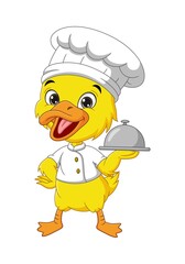 Cartoon little yellow duckling chef holding a silver tray