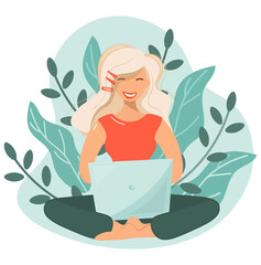 A woman is sitting with a laptop outdoors in the thickets. The blonde in the lotus position works on the computer. Vector for web design in cartoon style The concept of combining work, leisure, sports