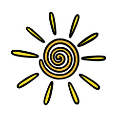 Handdrawn yellow swirled sun. Bright shining sun with beams in doodle style. Black and white vector illustration isolated in white background