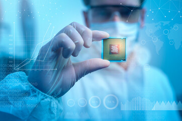 Engineer man in sterile suit is holding Microchip with symbols in modern design factory , futuristic and artificial intelligence concept