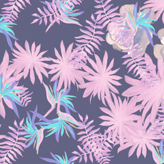 Fototapeta na wymiar Navy Pattern Textile. Purple Tropical Leaves. Violet Floral Design. Cobalt Flora Palm. Indigo Decoration Exotic. Blue Wallpaper Background. Coral Spring Illustration.