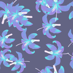 Fototapeta na wymiar Navy Seamless Exotic. Blue Pattern Plant. Azure Tropical Hibiscus. Cobalt Flower Vintage. Indigo Floral Botanical. Flora Vintage. Spring Design. Garden Leaf