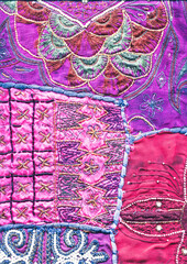 Indian sari pieces recycled and sewn together to make wall hangings or cushions