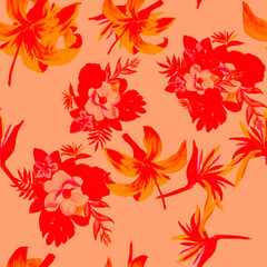 Ruby Pattern Exotic. Pink Seamless Nature. Red Tropical Textile. Scarlet Flower Leaves. Coral Wallpaper Exotic. Decoration Illustration. Watercolor Illustration.