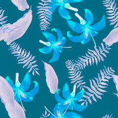 Fototapeta na wymiar Azure Tropical Leaf. Purple Seamless Plant. Cobalt Pattern Leaf. Blue Floral Background. Violet Flower Background. Lavender Decoration Botanical. Drawing Illustration.