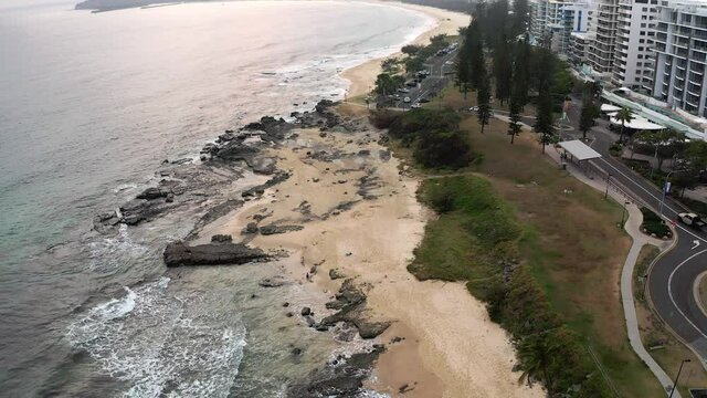 Aerial View Of Mooloolaba Beach With Rocky Coast At Sunrise In Sunshine Coast, QLD, Australia.