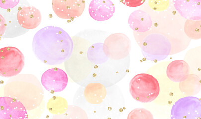 Colorful watercolor drops on white background with gold glitter confetti. Round pink, purple, red and yellow alcohol ink watercolor with golden confetti. Hand drawn multicolor dot texture.Vector EPS10