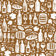 Vector brown monochrome wine bar pen sketch doodle seamless background pattern with bread and cheese. Suitable for textile, gift wrap and wallpaper.