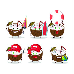 Naklejka premium Happy Face coconut drink cartoon character playing on a beach. Vector illustration