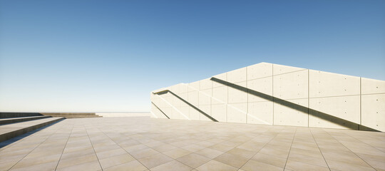 Colorful abstract background: geometric building of cement.

(Car backplate, 3D rendering computer digitally generated illustration.)