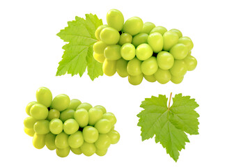 Set of cutout beautiful bunch of fresh green Shine Muscat grape and leaf isolated on white background