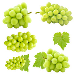 Set of cutout beautiful bunch of fresh green Shine Muscat grape and leaf isolated on white...