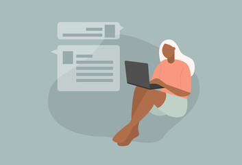 Young female character working on the laptop. Social media concept. Useful for web, banner, poster. Vector illustration on the blue background