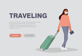 Young female character wearing medical face mask goes with travel bag. Traveling safe journey concept for banner, website design or landing web page