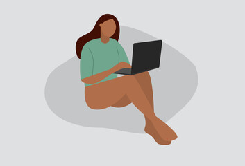 Young female character working on the laptop. Social media concept. Useful for web, banner, poster. Vector illustration on the blue background